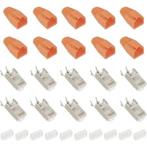 Connecteur RJ45 Fiche Cat7, avec Aide à l'enfilage et Protection Anti-Torsion Blindée Orange, Approprié Câble réseau CAT7, Cat6A(Lot de 10) (1/5)