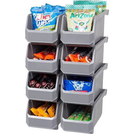 Lot de 8 bacs en plastique pour organisation et rangement pour placard, cuisine, bureau, garage ou garde-manger, bacs empilables, format M (28 x 13 x 14 cm), gris (1/5)