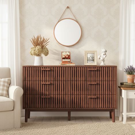 Comò in legno 100 cm con 6 cassetti - Comò da camera con maniglie e piedini in legno - Stile scandinavo, marrone (1/5)