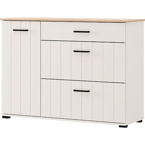 Credenza Paro, Madia 2 Ripiani, 3 Cassetti, Un'anta, 117x40x86h cm Bianco Crema