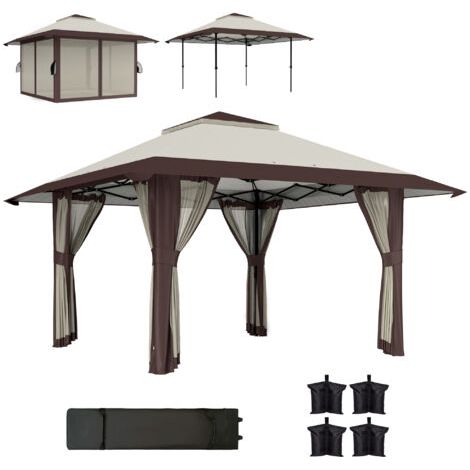 Pavillon de jardin 4 x 4 m, tente de jardin avec parois en filet, protection UPF50+, hauteur réglable, beige (1/5)