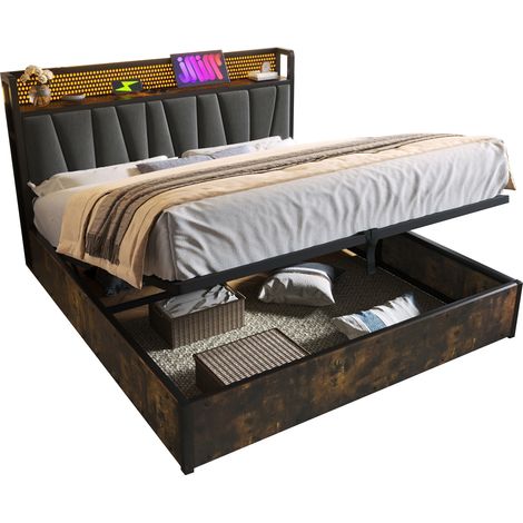 CHICFURN Lit double 180x200 cm avec tête de lit LED RGBW pilotable par appli, prises et USB, rangement sous sommier, structure métal et tissu gris, sans matelas (1/5)