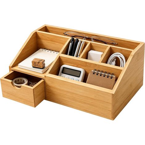 Organiseur de Bureau en Bambou avec Tiroir Trapézoïdal Organiseur Bureau Boîte de Rangement à (1/5)