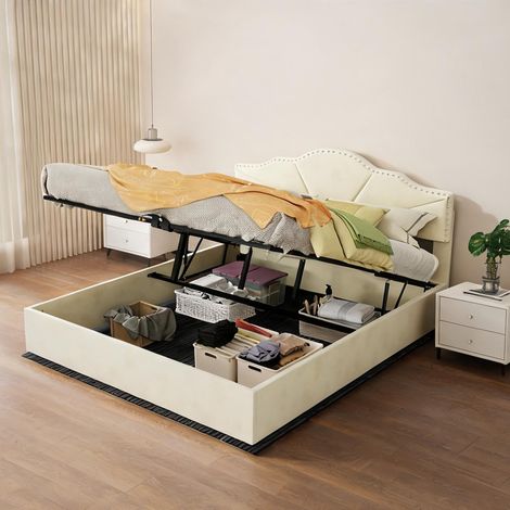 Tête de lit beige en tissu métal 200 x 160 x 133 cm (1/5)
