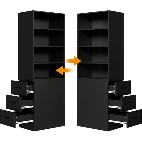 Libreria alta stretta 180 cm nera con 3 cassetti laterali, ripiani regolabili, 60 x 38 x 180 cm (1/5)