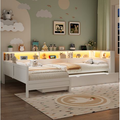 Letto singolo a L 90x200 cm con letto estraibile, cassetto, LED e ricarica USB, bianco DESVIAE (1/5)