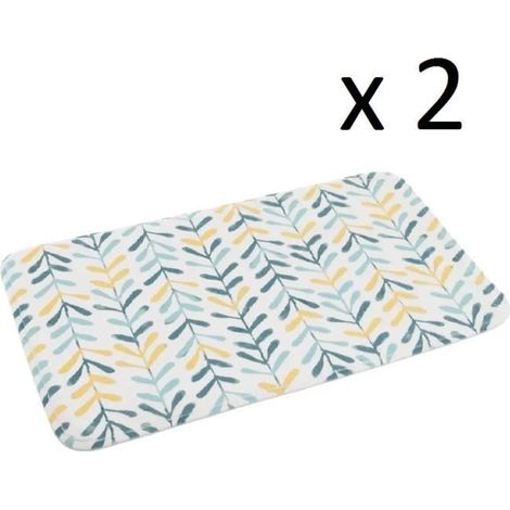 Lot 2 tapis de bain antidérapant avec motif de feuille multicolore, tapis salle de bain en microfibre-Longueur 70 x Profondeur 45 cm
