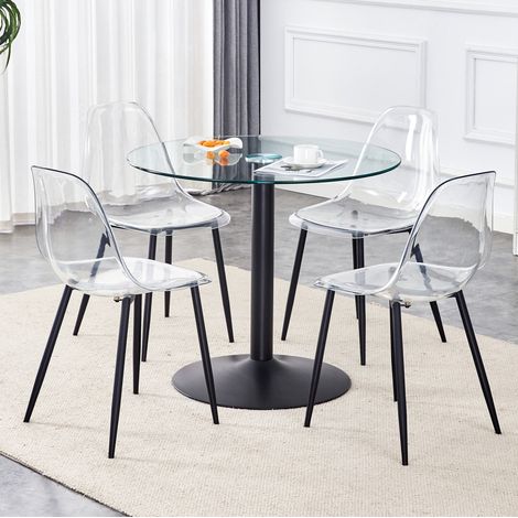 Conjunto mesa y sillas redonda, mesa comedor 85 cm de vidrio templado, 4 sillas transparentes HAVRYA (1/5)