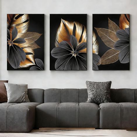 Lot de 3 posters conçus sur toile, noir et blanc doré, art abstrait, tableaux muraux lignes, décoration pour le salon,sans cadre (Plantes, 50 x 70 cm)