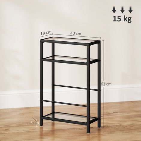 Table d'appoint moderne, table basse compacte à 3 étagères en verre trempé, cadre en acier noir, idéale comme table de chevet ou table de salon pour chambre et séjour. (1/5)