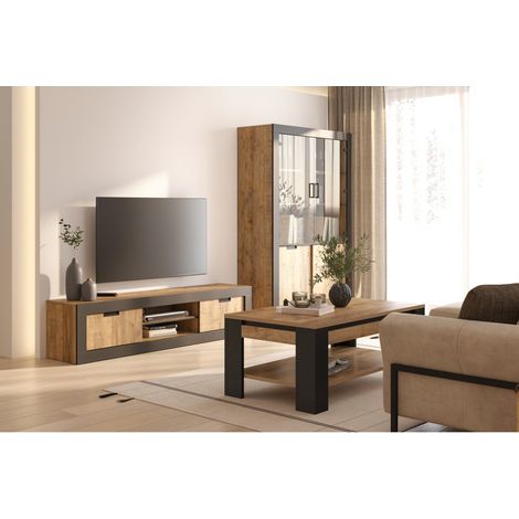 Pack salotto completo MEUNIER – Mobile TV, vetrina & tavolino in rovere Samdal & nero opaco