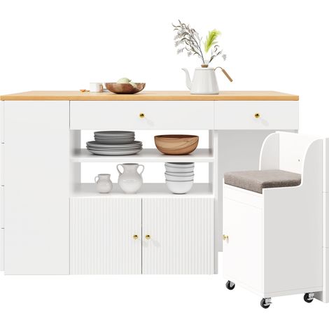 Îlot de cuisine avec tabourets de bar, meuble avec 6 tiroirs et tabourets inclus, largeur réglable 140 × 40(70) × 89 cm, blanc/noir (1/5)