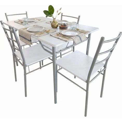 Juego de Mesa y 4 Sillas Cocina, Conjunto de Cocina Comedor, Melamina Color Blanco y Gris