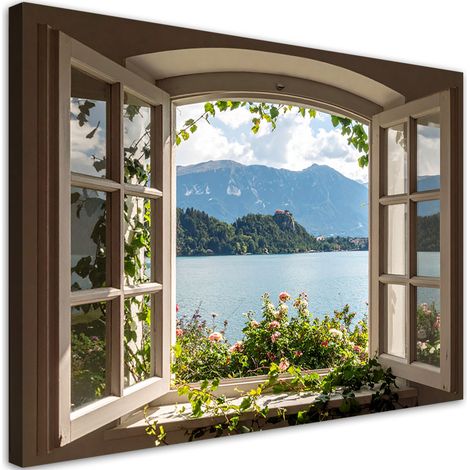 Wandbild Blick aus dem Fenster auf Berge und See 90x60 (1/5)