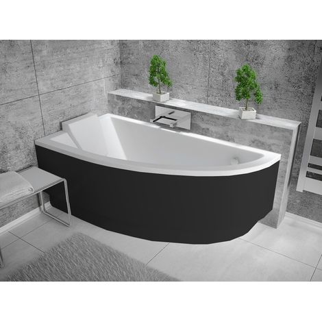Otitec – Baignoire asymétrique 140 x 70 cm en acrylique renforcé – Tablier noir et repose-tête inclus – Pour petites salles de bains (1/4)