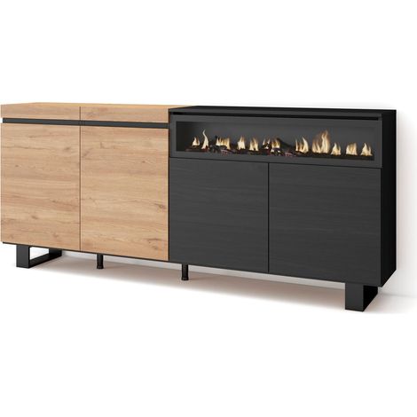 Skraut Home - Aparadores para salón, Gran capacidad de almacenaje, 200x87x35cm, 4 Puertas, Chimenea eléctrica, Diseño industrial, Estilo Moderno, Roble y negro (1/5)