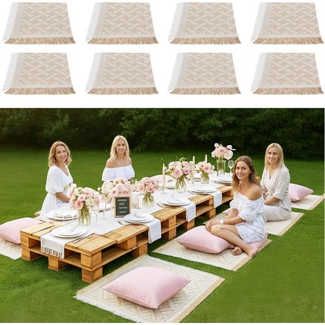 Couverture de pique-nique bohème 8 pièces 89 x 89 cm – Coton tissé, pompons, lavable, beige – Idéale pour les fêtes, le camping, la plage et la décoration bohème (1/4)