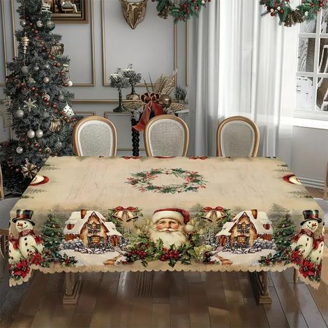 Nappe de Noël rectangulaire, Motif vintage hivernal (Père Noël, élan, bonhomme de neige, couronne) , Nappe de Noël, décorations de Noël, 200 x 180cm (1/4)