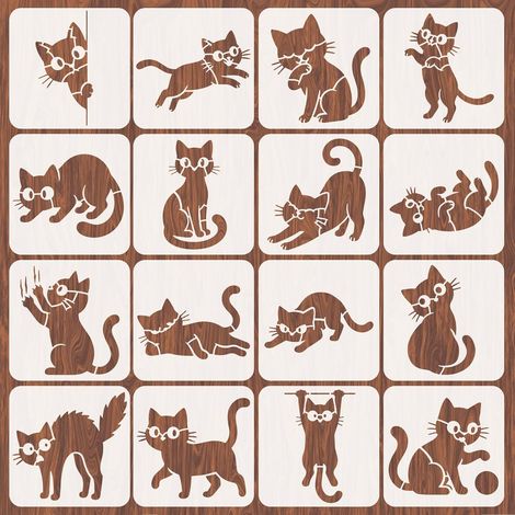 Lot de 16 pochoirs motif chat de dessin animé pour peinture de chats frisottis 20 x 20 cm, modèle réutilisable carré voyeur de bordure pour meubles, chambre à coucher, décoration d'intérieur (1/5)