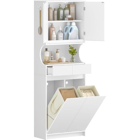Meuble Salle de Bain avec Panier à Linge, Colonne Salle de Bain, 2 Paniers Lavables 29,6L, Étagère Réglable, Crochet, pour Salle de Bain, Buanderie, Blanc (1/5)