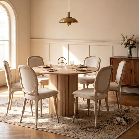 Table à manger ronde 120 cm en bois, 4 à 6 personnes, marron clair, OKMYHOME (1/5)