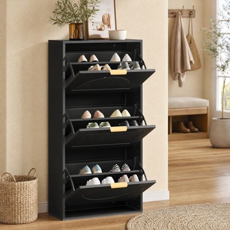 Meuble à chaussures 60x24x114 cm en MDF noir, avec rangement pour entrée FloraGrace (1/5)