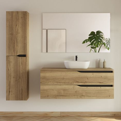 Meuble de salle de bain 120cm avec plateau et vasque arrondie Zeus - 2 tiroirs et colonne de rangement - madera miel (bois clair) - LUNA (1/5)