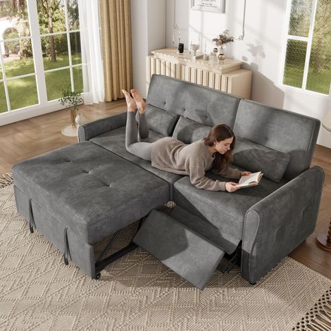 Canapé-lit 3 places extensible 3-en-1 en tissu chenille, surface de couchage déployable, dossier réglable sur 3 positions 90°,145°,180°, fonction sommeil pour salon (1/5)