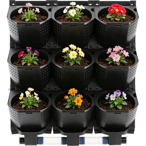 Mur végétal modulaire à 9 pots de plantation en plastique, système de culture murale, sacs de fleurs suspendus, pour herbes aromatiques, légumes et fleurs, balcon et jardin - noir (1/5)