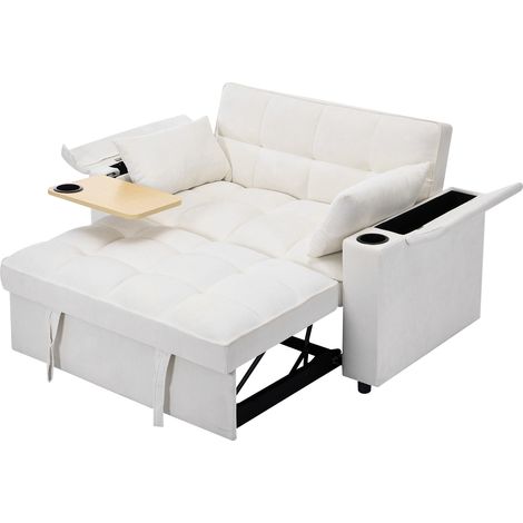 Divano letto 3 in 1 estraibile 2 posti beige con schienale regolabile USB tavolino nascosto (1/5)