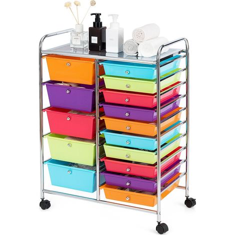 COSTWAY 15 Drawers Storage Trolley Mobile Rolling Utility Cart Office Organizer