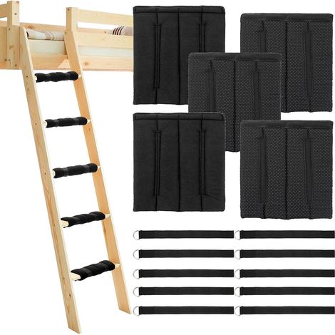 Jeu de 5 Coussins pour échelle de lit superposé avec 10 Sangles de Fixation réglables - Housse en Mousse antidérapante Noire pour escabeau, échelle de lit, échelle télescopique (1/5)