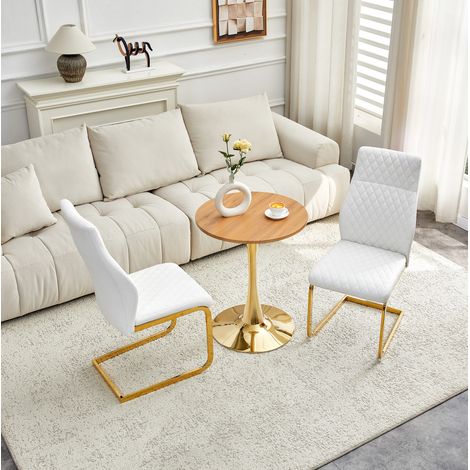 Conjunto mesa y sillas redonda de 60 cm en MDF, 2 sillas blancas, base dorada HAVRYA (1/5)