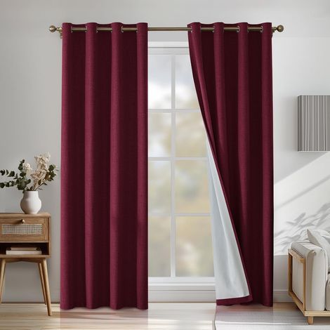 100% Blackout Curtain, 140 x 280 cm, Linen Effect, Pack of 2, Thermal Insulating Curtain, Anti-Cold and Heat, Eyelet Curtains, Acoustic Curtains, for Living Room, Bedroom, Burgundy (1/5)