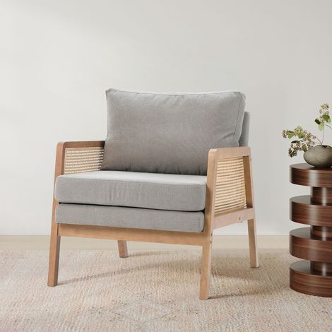 Light Grey Fabric Cushioned Wood Armchair (1/4)