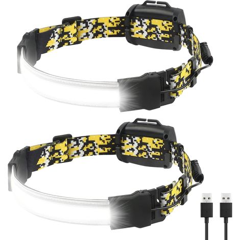 Lampe frontale (lot de 2), faisceau large 230°, rechargeable 1800 mAh, étanche, LED COB, idéale pour le camping, etc.