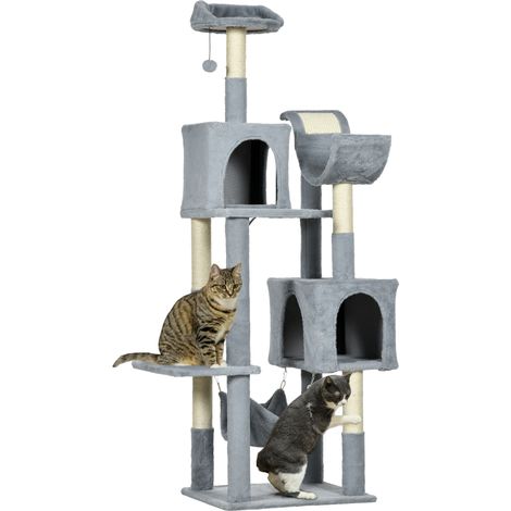 Arbre pour Chats avec Hamac, Lit et 2 Maisons, en Panneaux de Particules et Peluche, 55x49x177 cm, Gris et Blanc (1/5)