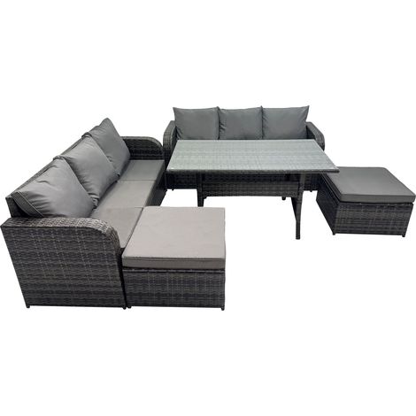Fimous 8 Seat Outdoor Wicker PE Rattan Garden Furniture Sets Dining Table Sofa Set with 2 Big Stools Dark Grey Mixed (1/5)