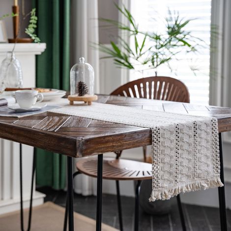 Chemin de table en macramé bohème en coton et lin avec pompons, nappe rectangulaire en dentelle au crochet (1/3)