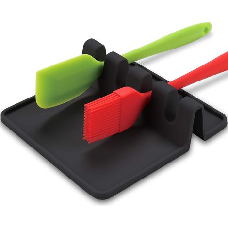 Porte-cuillère en silicone pour cuisinière avec repose-gouttes, support d'ustensiles de cuisine, porte-spatules et pinces, lot de 2, gris, résistant à la chaleur (1/5)