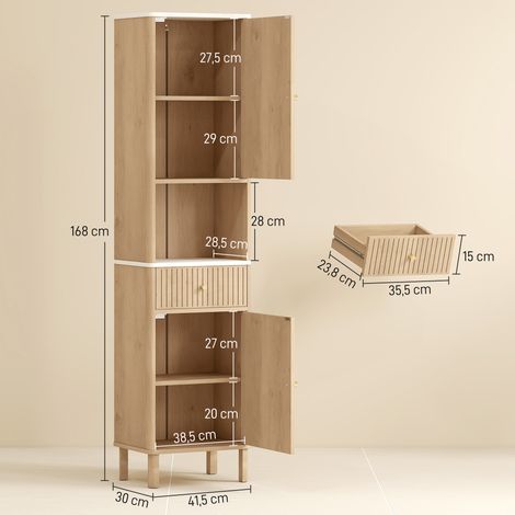 Armoire salle de bain haute meuble de rangement colonne avec tiroir coulissant silencieux 2 placards 41,5x30x168cm chêne (1/5)