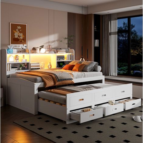Cama extensible 90 x 200 cm con LED RGB, 3 cajones, estante de noche, USB + Type-C, blanco, sin colchón, estructura en tablero y MDF, para dormitorio juvenil CHICFURN (1/5)