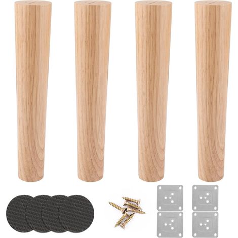 4 Pièces Pied de Meuble Bois 25 cm Pieds de Meuble à Finition Chêne, Plaques et Vis pour Canapé, Lit, Fauteuil, Table Basse, Armoire ou Commode (1/5)