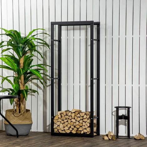 Support mural pour bois de chauffage, étagère à bûches en métal noir, intérieur et extérieur, 60 x 25 x 150 cm, rangement vertical robuste (1/5)