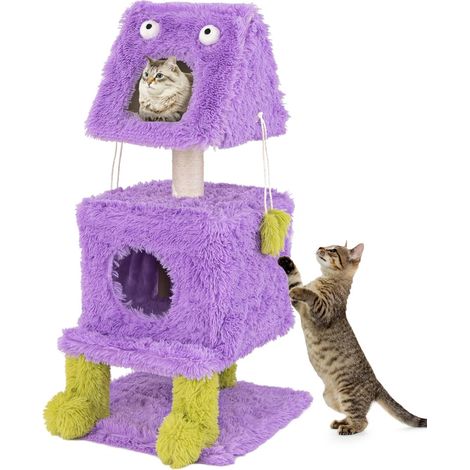 GOPLUS Arbre à Chat en Forme de Monstre Violet, Arbre a Chat Maine Coon à 3 Niveaux, 2 Condos pour Chat, Poteaux à Gratter en Sisal, Jouets Suspendus, Meuble en Peluche pour Chat et Chatons (1/5)
