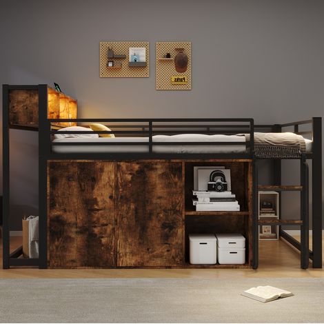 Cama alta 120x200 cm de metal y MDF negra con almacenaje, LED, sin colchón – MEUBLIV (1/5)