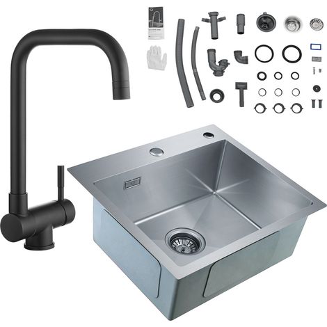 CECIPA 2 in 1 Fregadero de Cocina de Acero Inoxidable 50 x 45 x 19 cm + Grifo de Cocina Plegable Negro Mezclador de Fregadero Plegable como Bajo Ventana (1/5)