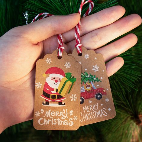 50 Weihnachtsanhänger aus Kraftpapier zum Selbermachen, Dankeschön-Geschenke, verschiedene Designs, Hängeetiketten mit Kordel, Geschenkverpackungszubehör (1/5)