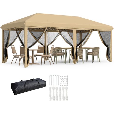Outsunny 6 x 3m Pop Up Party Tent Canopy with 6 Removable Sidewalls Beige