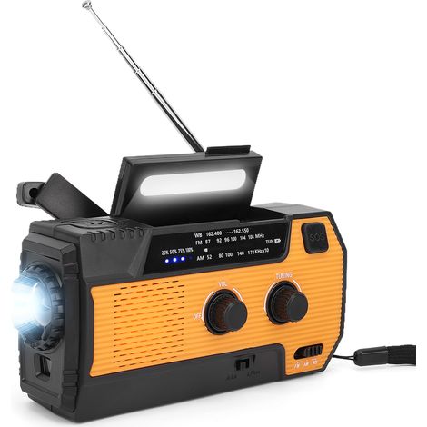 Radio solaire, radio portable rechargeable et étanche 4 000 mAh, lampe torche, lampe de lecture, alarme SOS, radio AM/FM à manivelle, idéale pour le camping et la randonnée. (1/5)